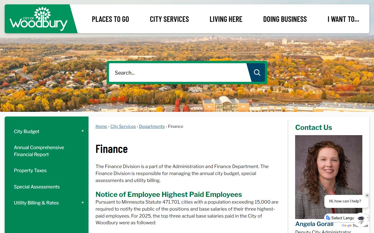City of Woodbury Finance Division page for local taxes and property financial information