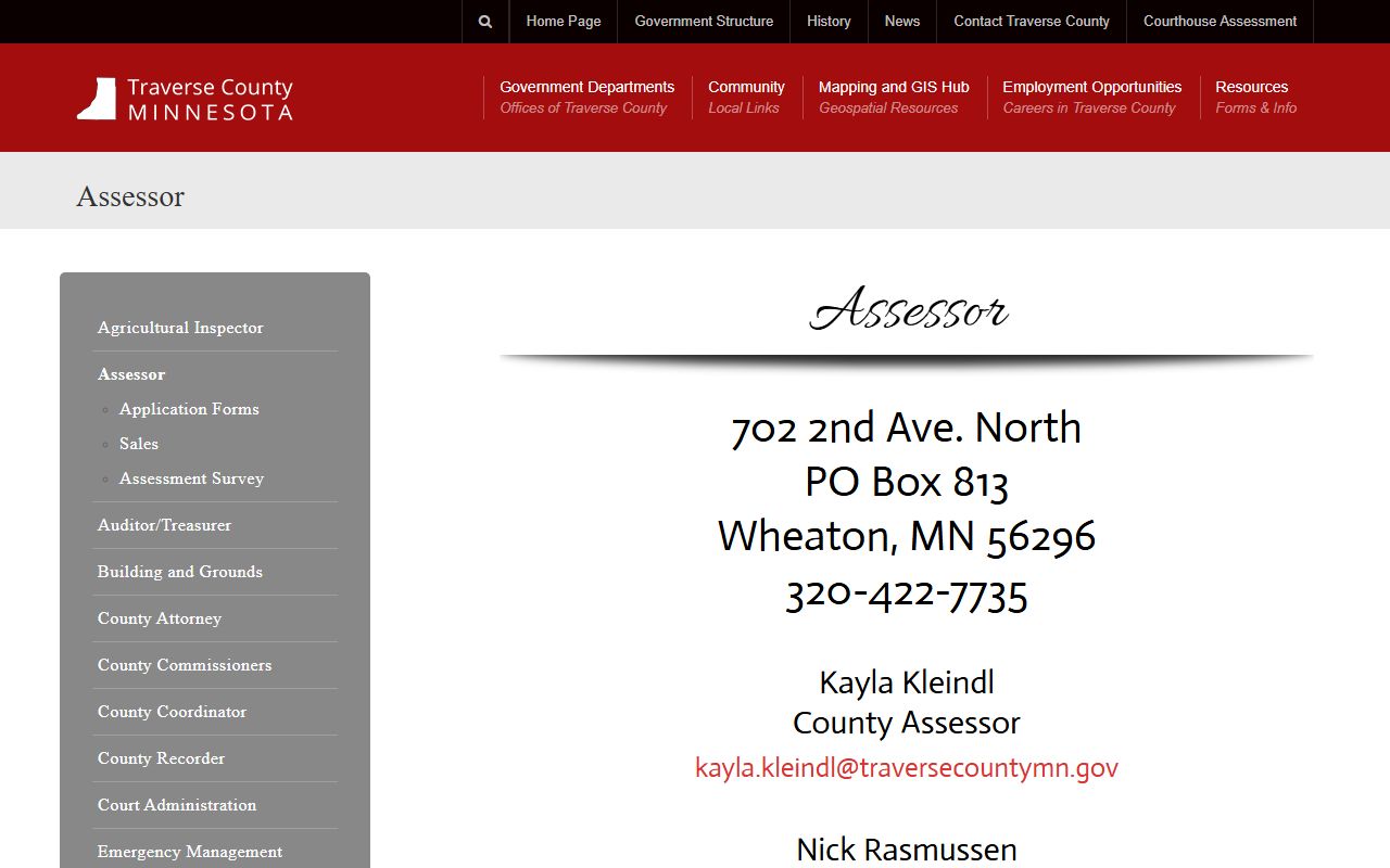 Traverse County Assessor page showing property tax record search tools