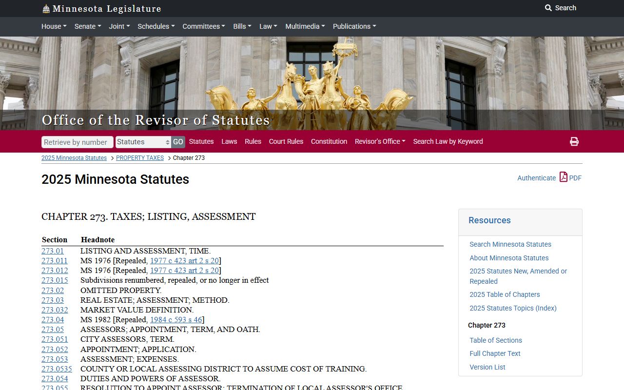 Minnesota Statutes Chapter 273 property tax assessment records