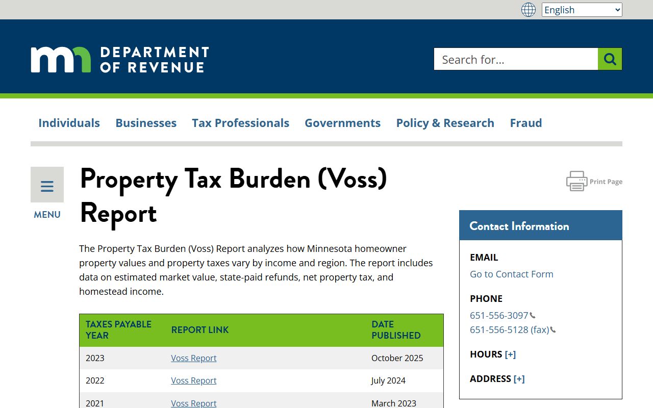 Minnesota property tax burden Voss report records